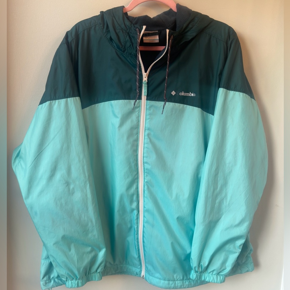 Columbia Aqua and Forest Green fleece lined Jacket rain wind breaker 2x